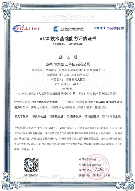 東信營賽大模型通過中國信通院
&ldquo;AIGC技術基礎能力&rdquo;認證